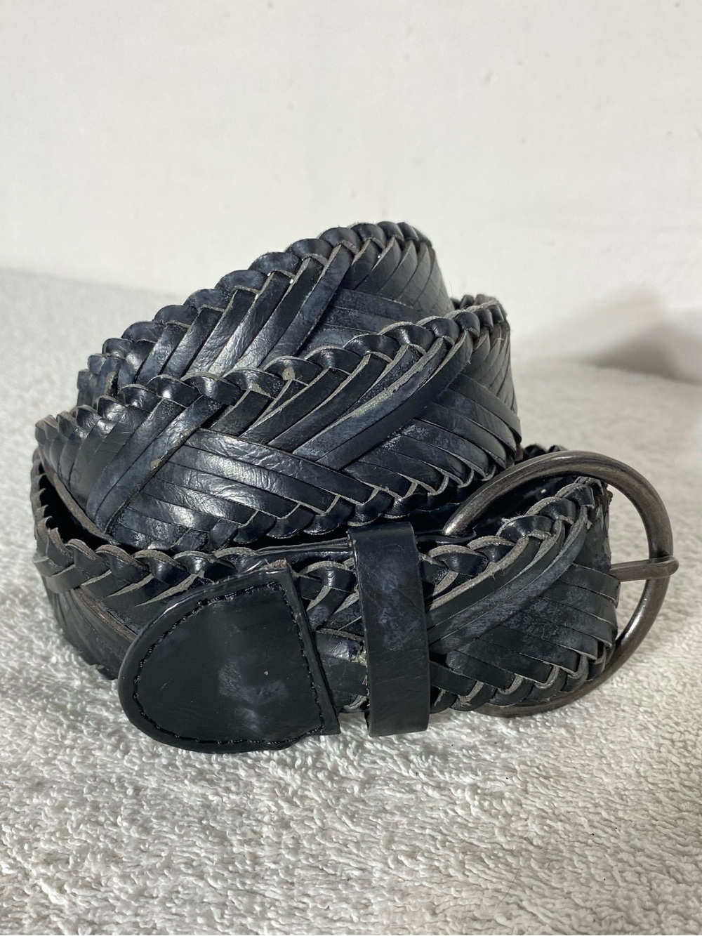 Vintage 90s Black Braided Woven Leather Belt Boho Retro